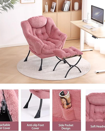 LITA Lazy Chair with Ottoman, Modern Accent Leisure Upholstered Sofa Chair, Lounge Reading Chair with Armrests and a Side Pocket for Living Room, Bedroom & Small Space, Plush Dark Pink - LeafyLoom