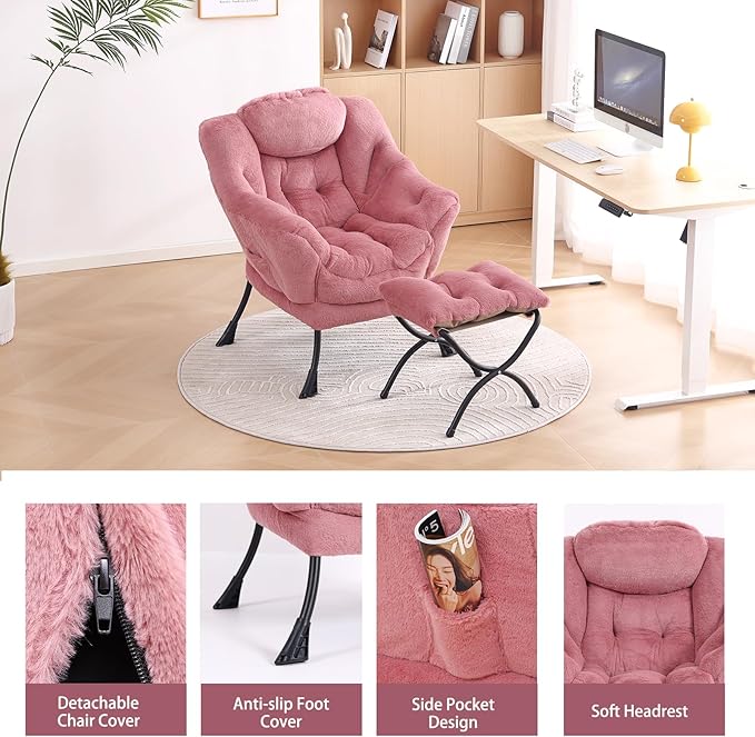 LITA Lazy Chair with Ottoman, Modern Accent Leisure Upholstered Sofa Chair, Lounge Reading Chair with Armrests and a Side Pocket for Living Room, Bedroom & Small Space, Plush Dark Pink - LeafyLoom