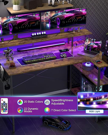 L Shaped Gaming Desk with Power Outlets, 47 Inch Computer Desk with LED Lights and Reversible Shelves, Corner Desk Work Desk for Home Office Bedroom, Rustic Brown - LeafyLoom