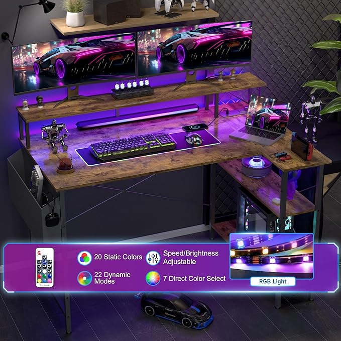 L Shaped Gaming Desk with Power Outlets, 47 Inch Computer Desk with LED Lights and Reversible Shelves, Corner Desk Work Desk for Home Office Bedroom, Rustic Brown - LeafyLoom