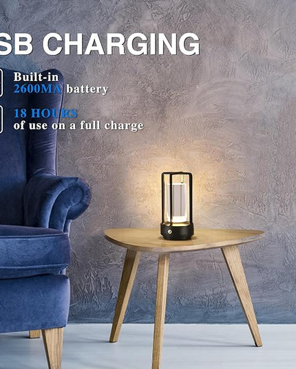 Portable Metal Table Lamp,Cordless Table Lamp, Rechargeable Battery Powered Portable LED Desk Lamp, 3 Color Stepless Dimming Touch, for Bedroom Restaurant Home Outdoor(Black) - LeafyLoom