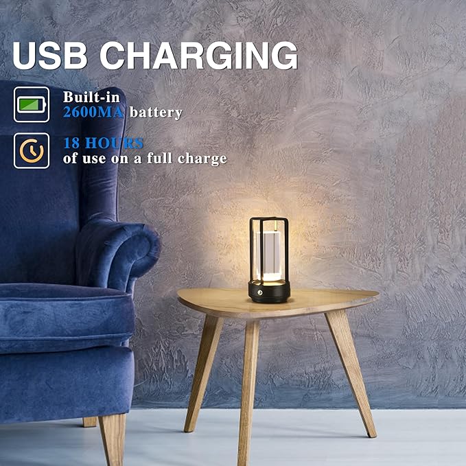 Portable Metal Table Lamp,Cordless Table Lamp, Rechargeable Battery Powered Portable LED Desk Lamp, 3 Color Stepless Dimming Touch, for Bedroom Restaurant Home Outdoor(Black) - LeafyLoom