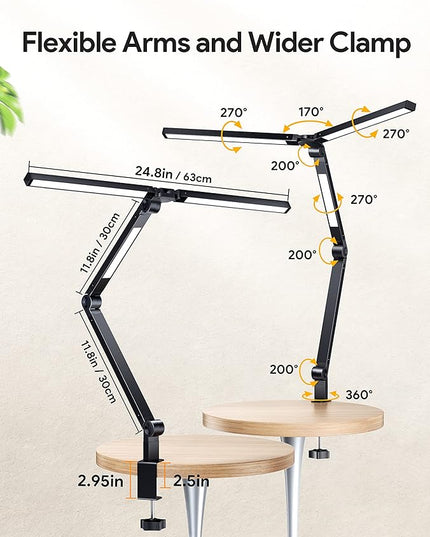 MediAcous LED Desk Lamp with Clamp, 20W Three Lights Desk Light for Home Office, Flexible Swing Arm, Control Box, 4 Color Modes, 4 Brightness, Memory Function, Eye-Caring Clip-on Lamp for Workbench - LeafyLoom