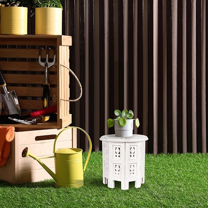 Altar Table,Round Side Table,Small Table, Round End Table,Side Table, Side Tables Living Room,End Table,Carved Side Table,Wood Accent Table,Carved Wood Table 12" Round Top x 12" High White Antique - LeafyLoom