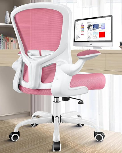 Ergonomic Office Chair, Lumbar Support Desk Chair with Flip-up Armrest and Breathable Mesh, Height Adjustable Swivel Office Chair Pink - LeafyLoom