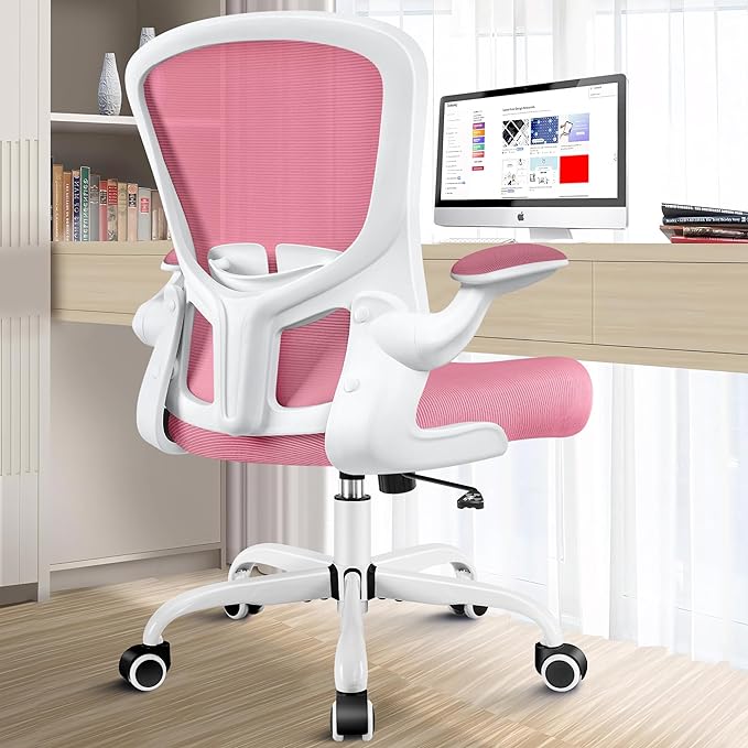 Ergonomic Office Chair, Lumbar Support Desk Chair with Flip-up Armrest and Breathable Mesh, Height Adjustable Swivel Office Chair Pink - LeafyLoom