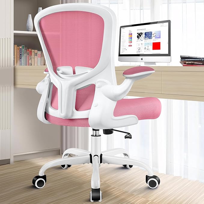 Ergonomic Office Chair, Lumbar Support Desk Chair with Flip-up Armrest and Breathable Mesh, Height Adjustable Swivel Office Chair Pink - LeafyLoom
