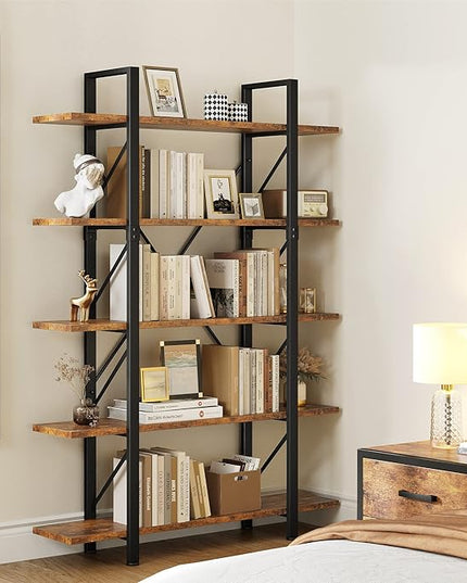 YITAHOME 5 Tier Bookshelf, 70.9" Tall Industrial Bookcase, Wide Open Display Storage Book Shelf for Living Room/Bedroom/Home/Office, Rustic Brown - LeafyLoom