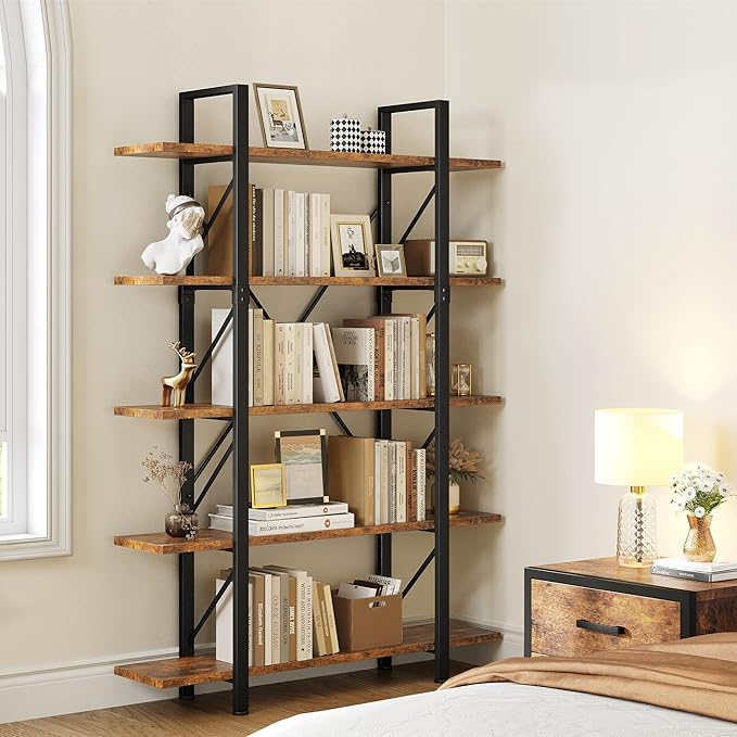 YITAHOME 5 Tier Bookshelf, 70.9" Tall Industrial Bookcase, Wide Open Display Storage Book Shelf for Living Room/Bedroom/Home/Office, Rustic Brown - LeafyLoom