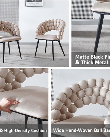 White Woven Velvet Barrel Accent Chairs with Black Metal Legs, Upholstered Armchair for Dining Room Vanity Living Room - LeafyLoom