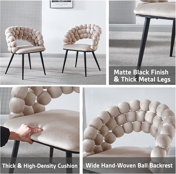 White Woven Velvet Barrel Accent Chairs with Black Metal Legs, Upholstered Armchair for Dining Room Vanity Living Room - LeafyLoom