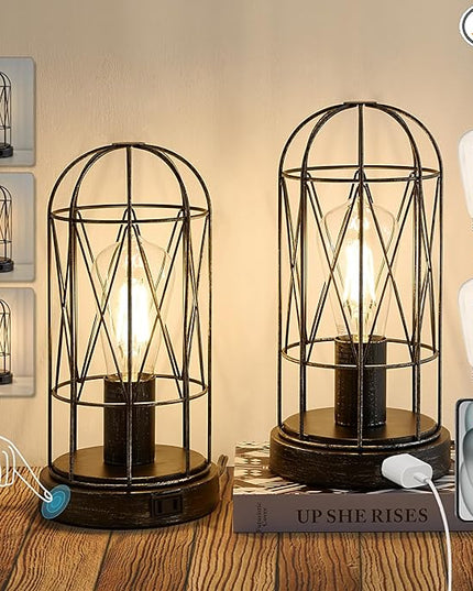Small Touch Table Lamp Set of 2, 3 Way Dimmable Industrial Bedside Lamp with AC Outlet Rustic Steampunk Nightstand Lamp for Bedroom Living Room Office, LED Bulb Included - LeafyLoom
