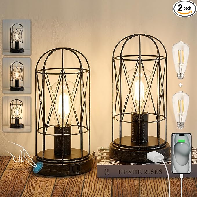 Small Touch Table Lamp Set of 2, 3 Way Dimmable Industrial Bedside Lamp with AC Outlet Rustic Steampunk Nightstand Lamp for Bedroom Living Room Office, LED Bulb Included - LeafyLoom