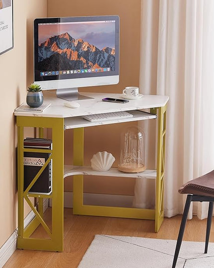 VECELO Corner Computer Desk 41 x 30 inches with Smooth Keyboard & Storage Shelves for Home Office Workstation, White & Gold - LeafyLoom