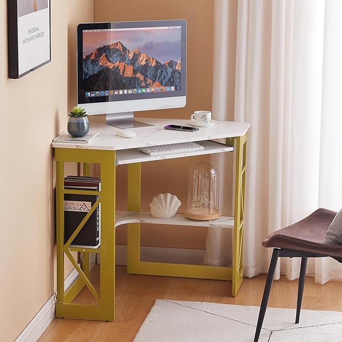 VECELO Corner Computer Desk 41 x 30 inches with Smooth Keyboard & Storage Shelves for Home Office Workstation, White & Gold - LeafyLoom