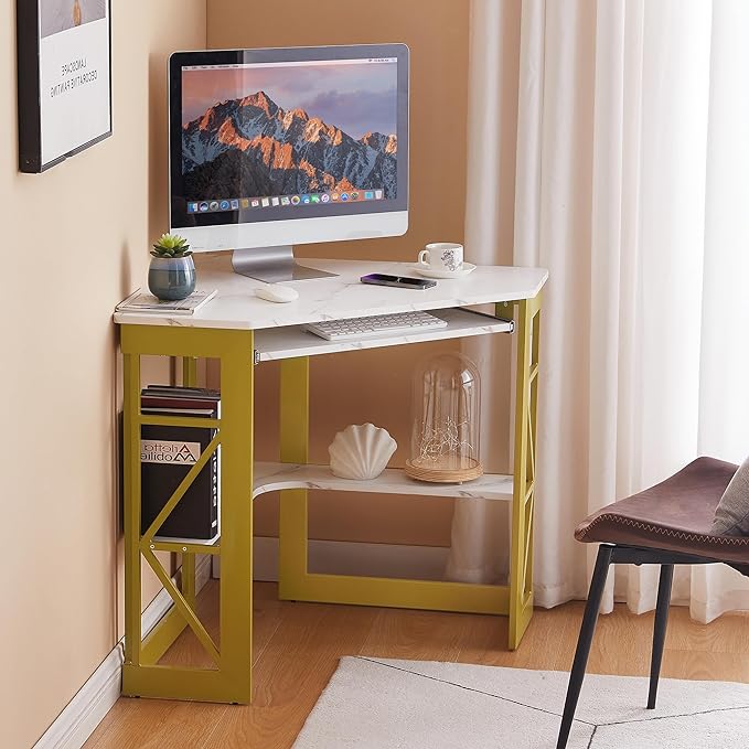 VECELO Corner Computer Desk Writing Smooth Keyboard Tray & Storage Shelves,Compact Home Office Triangle Table, Gold & White - LeafyLoom