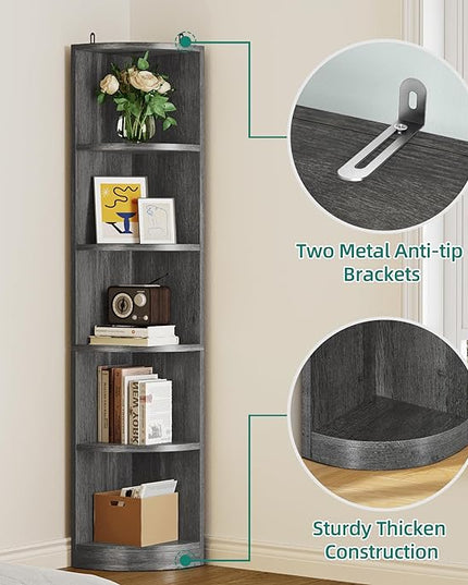 YITAHOME 70.8" Corner Shelf, 5 Tier Corner Bookshelf and bookcase, Modern Open Free Standing Shelving Unit Wooden Display Rack Storage Shelves for Bedroom, Living Room, Home Office, Charcoal Gray - LeafyLoom