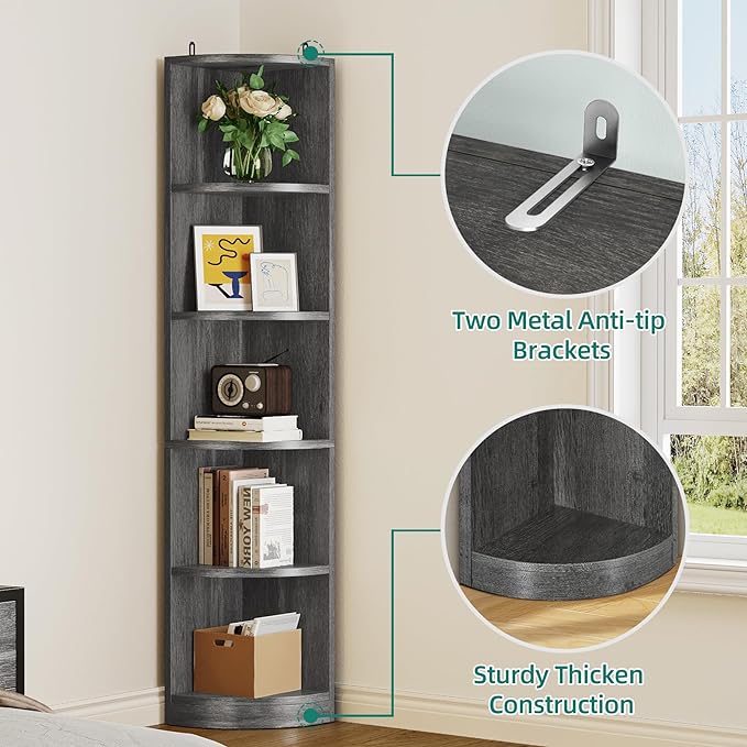 YITAHOME 70.8" Corner Shelf, 5 Tier Corner Bookshelf and bookcase, Modern Open Free Standing Shelving Unit Wooden Display Rack Storage Shelves for Bedroom, Living Room, Home Office, Charcoal Gray - LeafyLoom