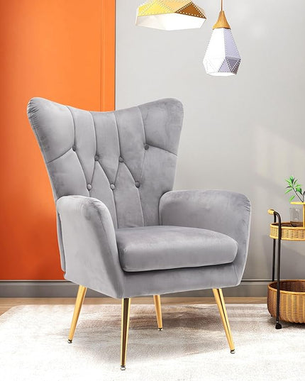 US Pride Furniture Modern Accent Chair with Ergonomic High Wingback, Microfiber Upholstered Armchair with Metal Legs for Living Room, Bedroom, Office or Vanity, Grey - LeafyLoom