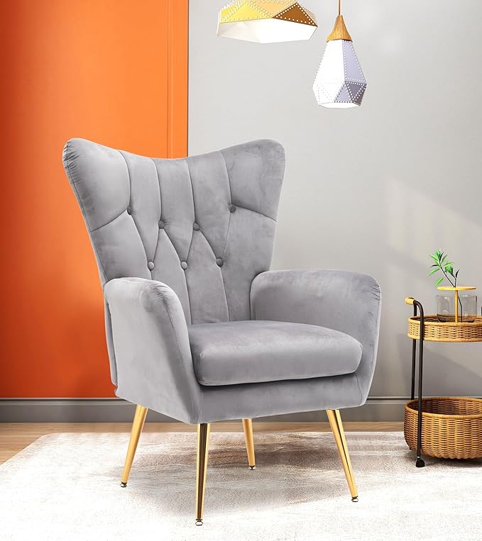 US Pride Furniture Modern Accent Chair with Ergonomic High Wingback, Microfiber Upholstered Armchair with Metal Legs for Living Room, Bedroom, Office or Vanity, Grey - LeafyLoom