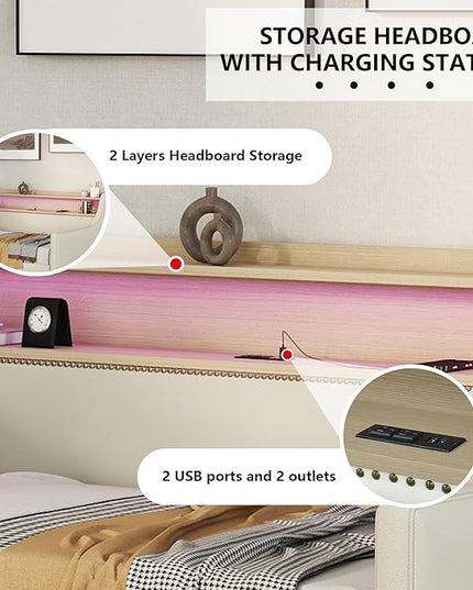 Twin Size Daybed with 2 Storage Drawers, Upholstered Daybed with Charging Station and LED Lights, Twin Size Day Bed Frame for Living Room, Bedroom, Beige - LeafyLoom