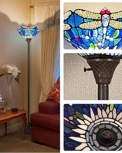 Capulina Tiffany Torchiere Floor Lamp Industrial Dark Bronze Pole Sea Blue Dragonfly Style Stained Glass Standing Light for Living Room Bedroom Home Office - LeafyLoom