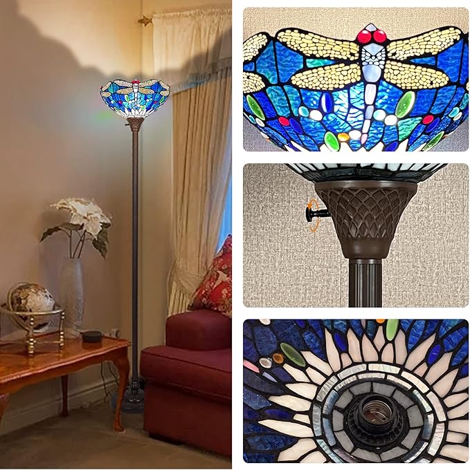 Capulina Tiffany Torchiere Floor Lamp Industrial Dark Bronze Pole Sea Blue Dragonfly Style Stained Glass Standing Light for Living Room Bedroom Home Office - LeafyLoom