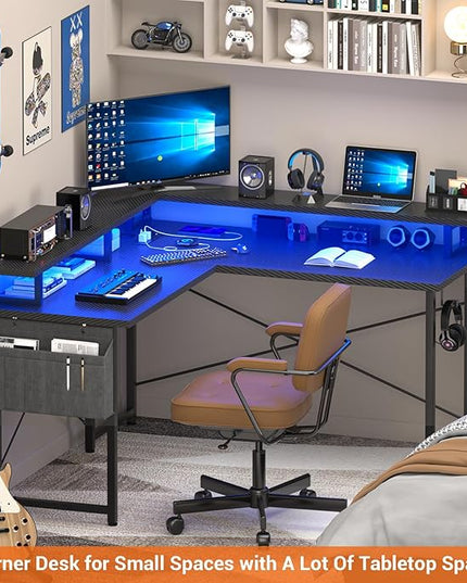 L Shaped Computer Desk with Power Outlets, Gaming Desk L Shaped with LED Lights, Corner Desk with Storage Shelves, Work Study Desk for Bedroom, Home Office Small Spaces, 47'', Carbon Fiber Black - LeafyLoom