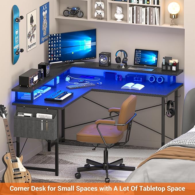 L Shaped Computer Desk with Power Outlets, Gaming Desk L Shaped with LED Lights, Corner Desk with Storage Shelves, Work Study Desk for Bedroom, Home Office Small Spaces, 47'', Carbon Fiber Black - LeafyLoom