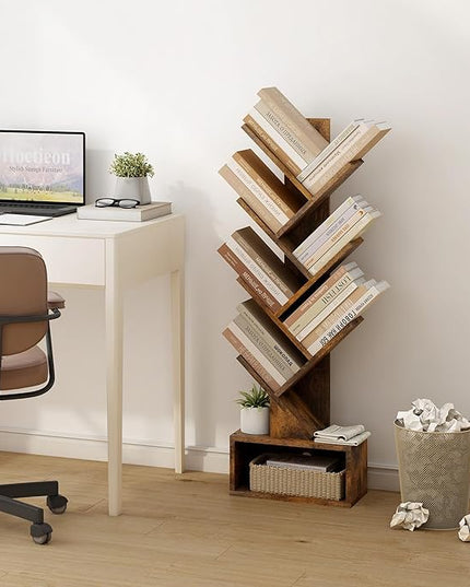 Hoctieon 6 Tier Tree Bookshelf, Tall Bookcase with Drawer, Freestanding Book Shelf, Display Floor Standing Storage Shelf, Book Organizer Shelves for Home Office, Rustic Brown - LeafyLoom