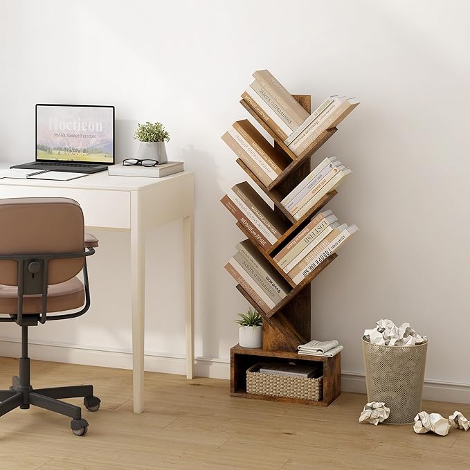 Hoctieon 6 Tier Tree Bookshelf, Tall Bookcase with Drawer, Freestanding Book Shelf, Display Floor Standing Storage Shelf, Book Organizer Shelves for Home Office, Rustic Brown - LeafyLoom