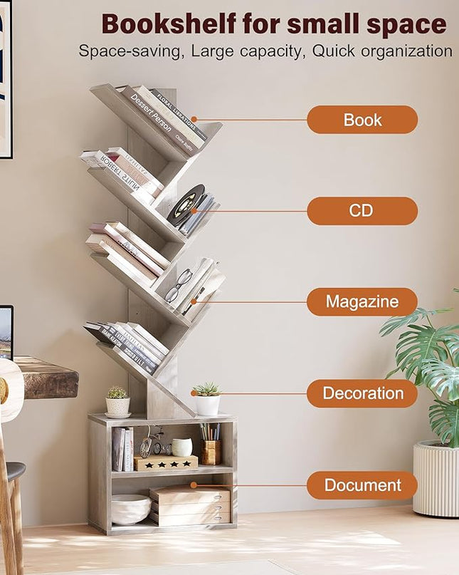 SUNMORY 6 Tier Tree Bookshelf, Tall Bookcase with Storage Cabinet, Modern Narrow Bookshelves Organizer, Floor Standing Book Shelf for Bedroom/Living Room/Home Office/Corner, Grey - LeafyLoom