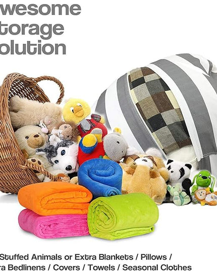 2 Packs Stuffed Animal Storage Beanbag Cover 24" Bean Bag Storage for Kids Girs Boys Room Toys Organizer Heavy-duty Zipper Bean Bag Chair Covers Only Grey Blue White Stripes Cotton Canvas - LeafyLoom