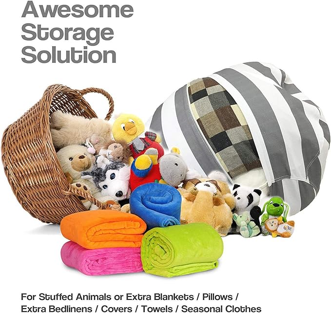 2 Packs Stuffed Animal Storage Beanbag Cover 24" Bean Bag Storage for Kids Girs Boys Room Toys Organizer Heavy-duty Zipper Bean Bag Chair Covers Only Grey Blue White Stripes Cotton Canvas - LeafyLoom