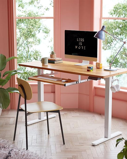 BANTI 40" x 24" Height Adjustable Electric Standing Desk with Keyboard Tray, Sit Stand up Desk with Splice Board, White Frame/Light Rustic Brown Top - LeafyLoom