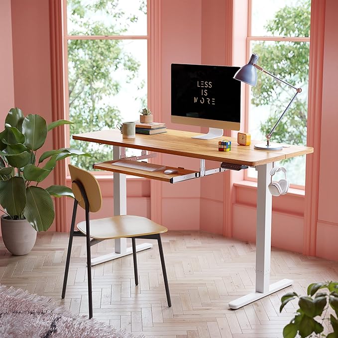 BANTI 63" x 24" Height Adjustable Electric Standing Desk with Keyboard Tray, Sit Stand up Desk with Splice Board, White Frame/Light Rustic Brown Top - LeafyLoom