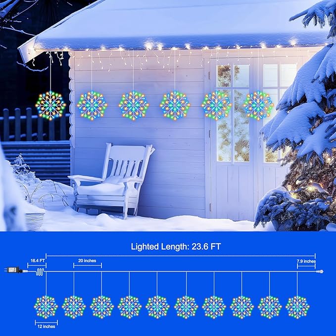 Christmas Snowflake Icicle Lights Outdoor - Plug-in 23.6ft 10 Drops 480LED Snowflake Window Lights, Connectable for Indoor Outdoor Porch Eaves Rooftops Canopy Christmas Decoration, Multicolor Brightown