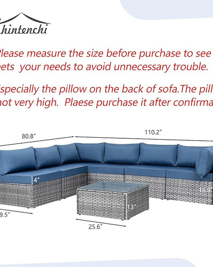 Shintenchi 7 Pieces Outdoor Patio Sectional Sofa Couch, Silver Gray PE Wicker Furniture Conversation Sets with Washable Cushions & Glass Coffee Table for Garden, Poolside, Backyard (Aegean Blue) - LeafyLoom