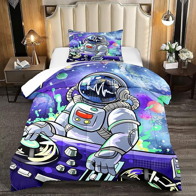 Astronaut Comforter Twin for Teens Boys Kids Girls Universe Outer Space Bedding Set Themed Astronaut Printed Pattern Kids Comforter for Boys Bedroom Decor, 1 Comforter 1 Pillowcases - LeafyLoom