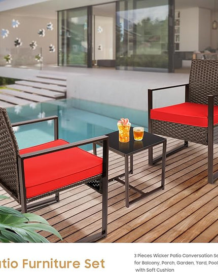 YIYAN 3 Pieces Outdoor Furniture Set Patio Rattan Wicker Chairs & teatable,Lawn Garden Balcony Backyard,with Washable Cushion (Red) - LeafyLoom