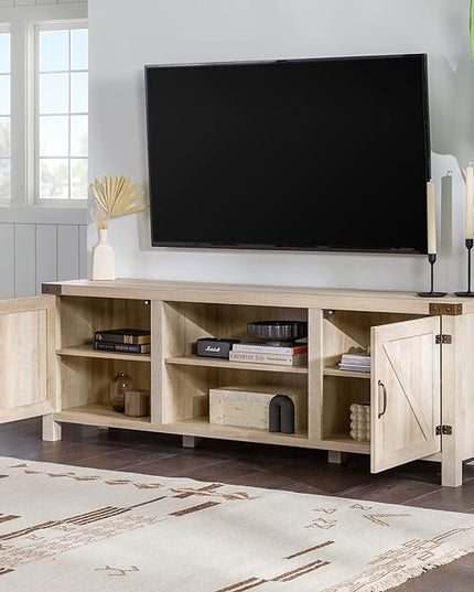 Walker Edison Georgetown Modern Farmhouse Double Barn Door TV Stand for TVs up to 80 Inches, 70 Inch, White Oak, Without Fireplace - LeafyLoom