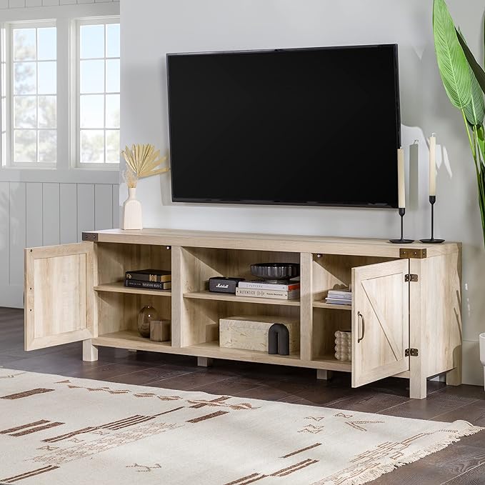 Walker Edison Georgetown Modern Farmhouse Double Barn Door TV Stand for TVs up to 80 Inches, 70 Inch, White Oak, Without Fireplace - LeafyLoom