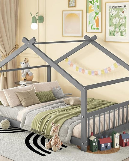 Montessori Floor Bed Frame Full Size, Full Floor Bed Frame with Headboard, Footboard and Slats, Wood Montessori Bed Frame/Montessori House Bed for Kids, Girls, Boys(Gray) - LeafyLoom
