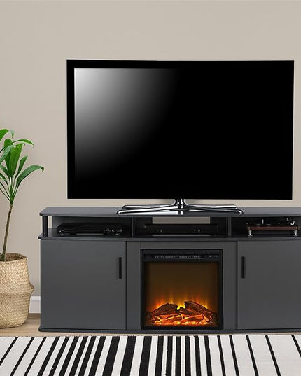 Ameriwood Home Carson Fireplace TV Stand for TVs up to 70 Inch, Replaceable Electric Fireplace Insert Heater, Realistic Log and Flame Effect, For Living Room or Bedroom, Gray - LeafyLoom