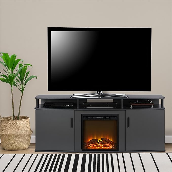 Ameriwood Home Carson Fireplace TV Stand for TVs up to 70 Inch, Replaceable Electric Fireplace Insert Heater, Realistic Log and Flame Effect, For Living Room or Bedroom, Gray - LeafyLoom