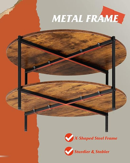WLIVE Round Coffee Table, Rustic 2-Tier Circle Coffee Table with Open Storage Shelf, Industrial 32.6" Wood Round Center Table for Living Room, Bedroom, Home Office, Rustic Brown - LeafyLoom