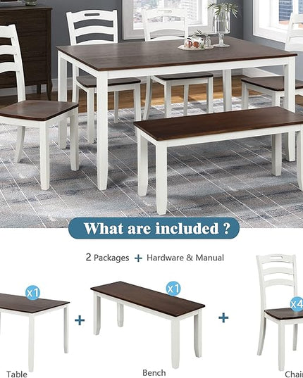 Modern Style 6 Piece Table 4 Chairs and Multifunctional Bench, Spacious Set, Long-Lasting Solid Rubber Wood, for Kitchen, Dining Room, Ivory - LeafyLoom