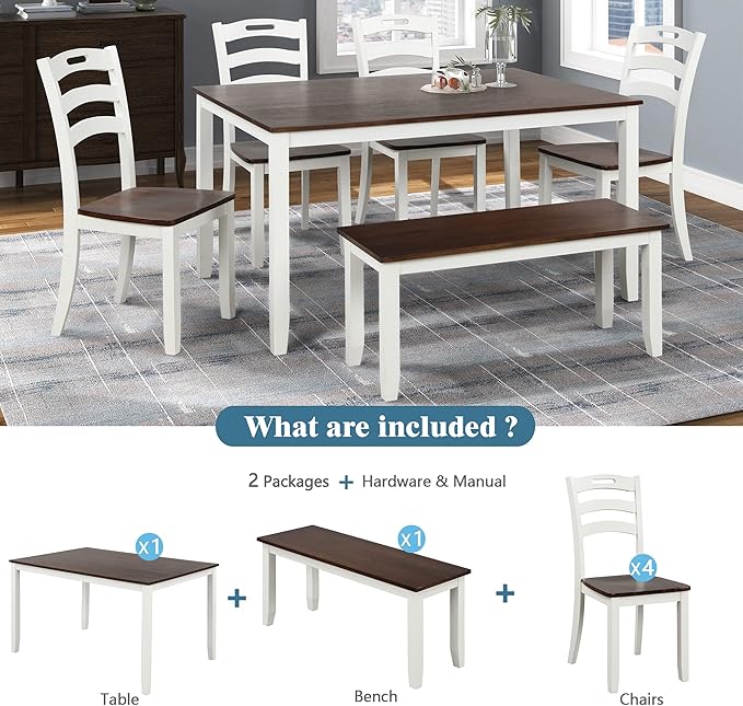 Modern Style 6 Piece Table 4 Chairs and Multifunctional Bench, Spacious Set, Long-Lasting Solid Rubber Wood, for Kitchen, Dining Room, Ivory - LeafyLoom