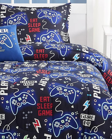 Kids Comforter Set Twin Size for Boys, Glow in The Dark Black Gamer Bedding Set Twin-1 Twin Comforter, 1 Decor Pillow, 1 Pillow Sham - LeafyLoom