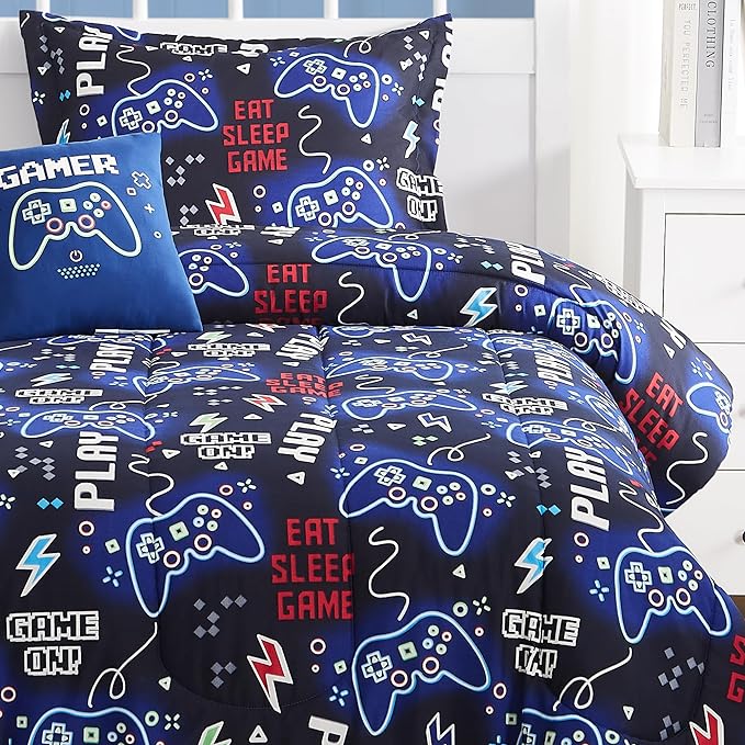 Kids Comforter Set Twin Size for Boys, Glow in The Dark Black Gamer Bedding Set Twin-1 Twin Comforter, 1 Decor Pillow, 1 Pillow Sham - LeafyLoom